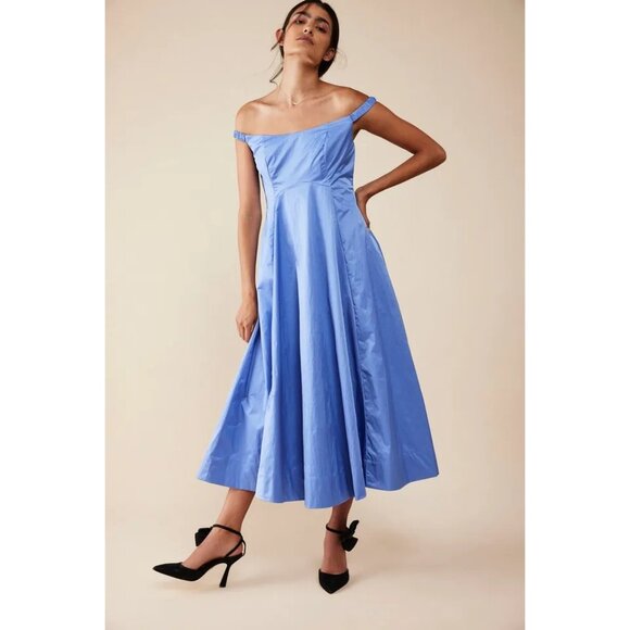 Free People Women's Size 2 Cornflower Blue Alinda‎ Off The Shoulder Midi Dress - Picture 13 of 14